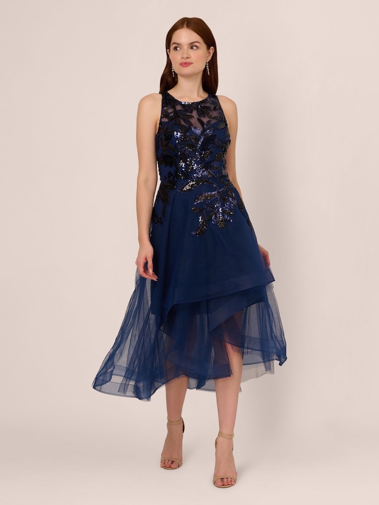 Adrianna Papell Blue Sequin Combo High Low Dress - Image 1 of 7 Adrianna Papell Blue Sequin Combo High Low Dress - Image 1 of 7