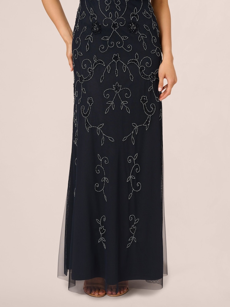 adrianna papell floral beaded blouson dress Blue Flutter Sleeve Floral Beaded Blouson Gown