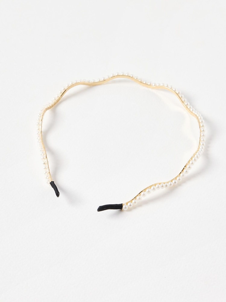 Oliver Bonas Cream Tami Faux Pearl Wavy Gold Headband - Image 1 of 4