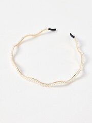 Oliver Bonas Cream Tami Faux Pearl Wavy Gold Headband - Image 2 of 4