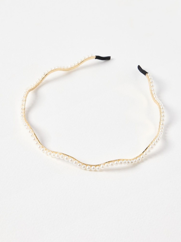 Oliver Bonas Cream Tami Faux Pearl Wavy Gold Headband - Image 2 of 4