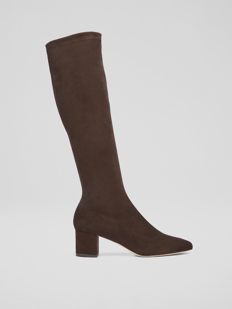 LK Bennett Eldon Espresso Block Heel Stretch Knee Brown Boots - Image 1 of 4