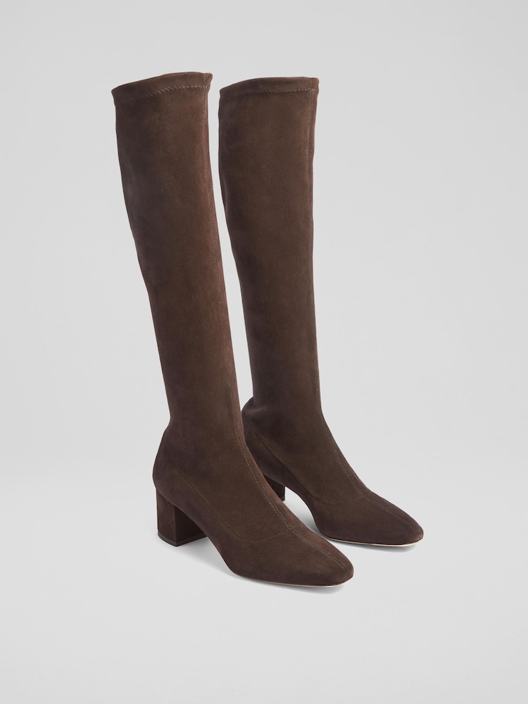 LK Bennett Eldon Espresso Block Heel Stretch Knee Brown Boots - Image 2 of 4