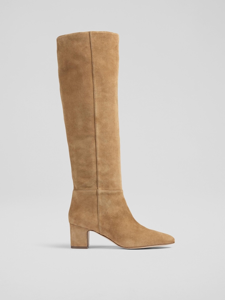 LK Bennett Natural Alessia Caramel Slouch Low Block Knee Boots - Image 2 of 4