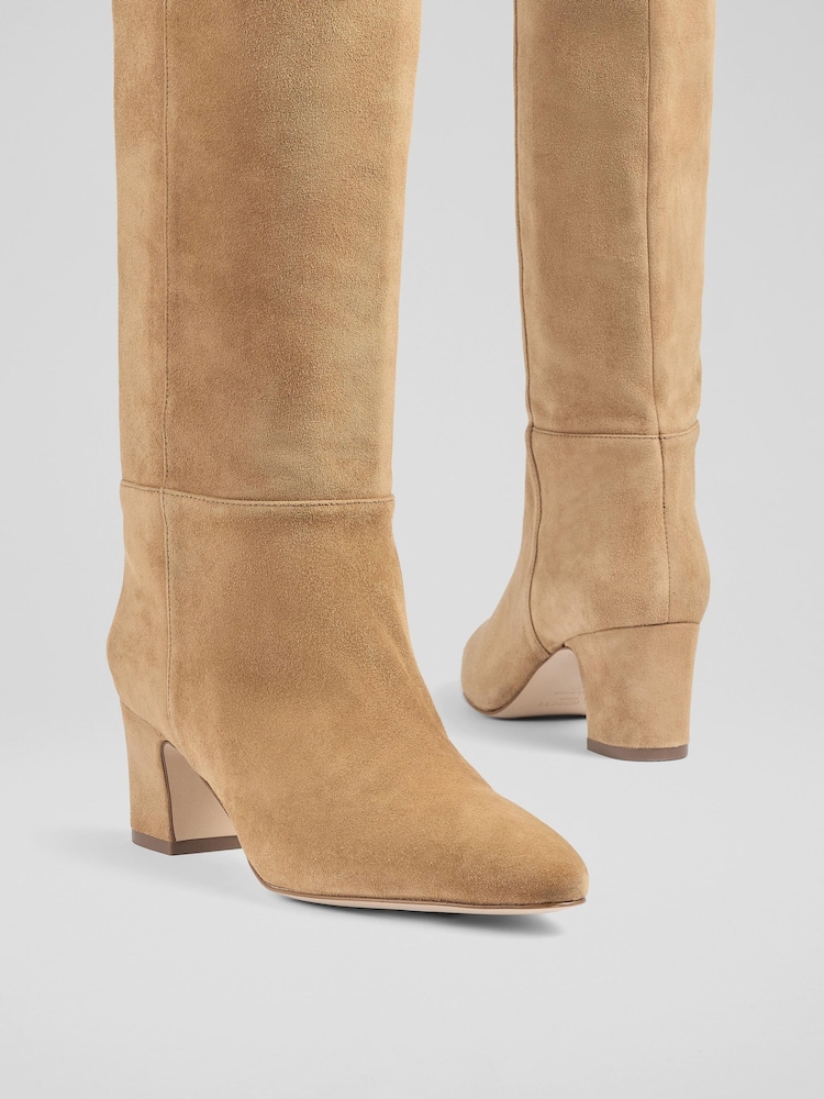 LK Bennett Natural Alessia Caramel Slouch Low Block Knee Boots - Image 4 of 4