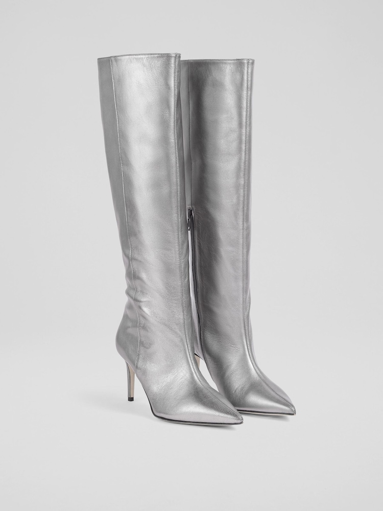 LK Bennett Metallic Astrid Pewter Pointed Semi Fitted Boots - Image 2 of 4
