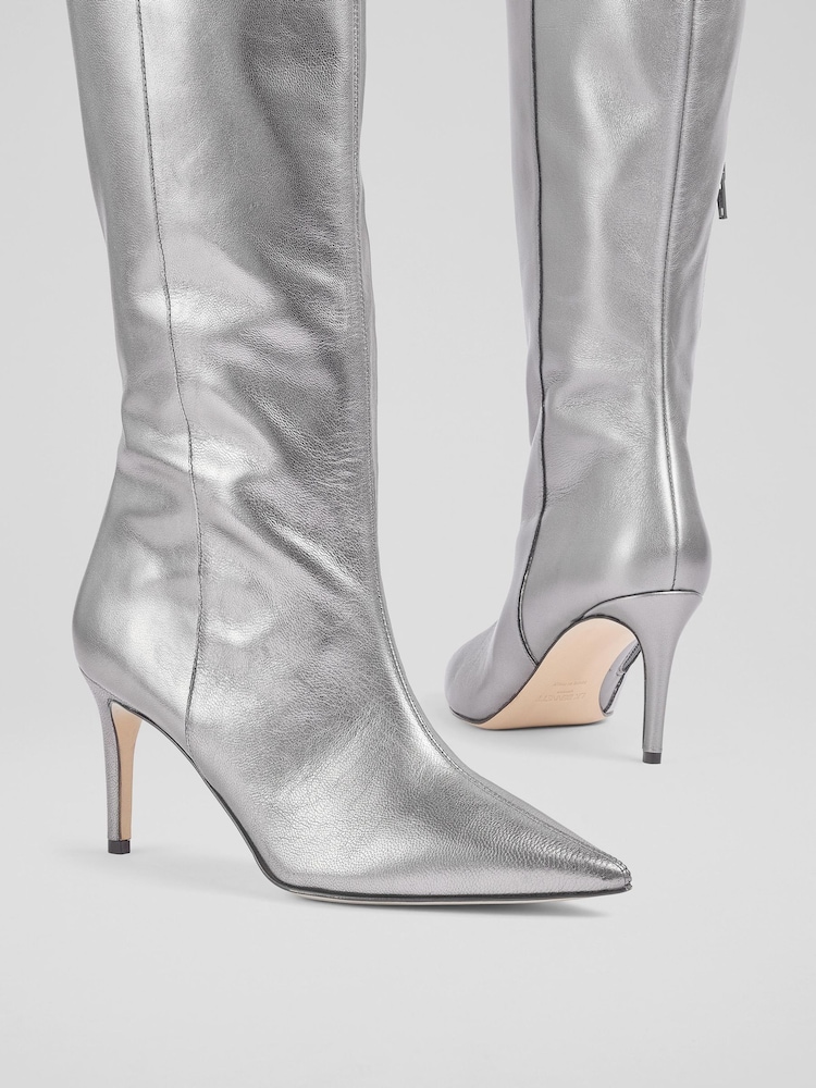 LK Bennett Metallic Astrid Pewter Pointed Semi Fitted Boots - Image 4 of 4