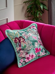 Teal Blue Floral Zebra Velvet Cushion - Image 1 of 5