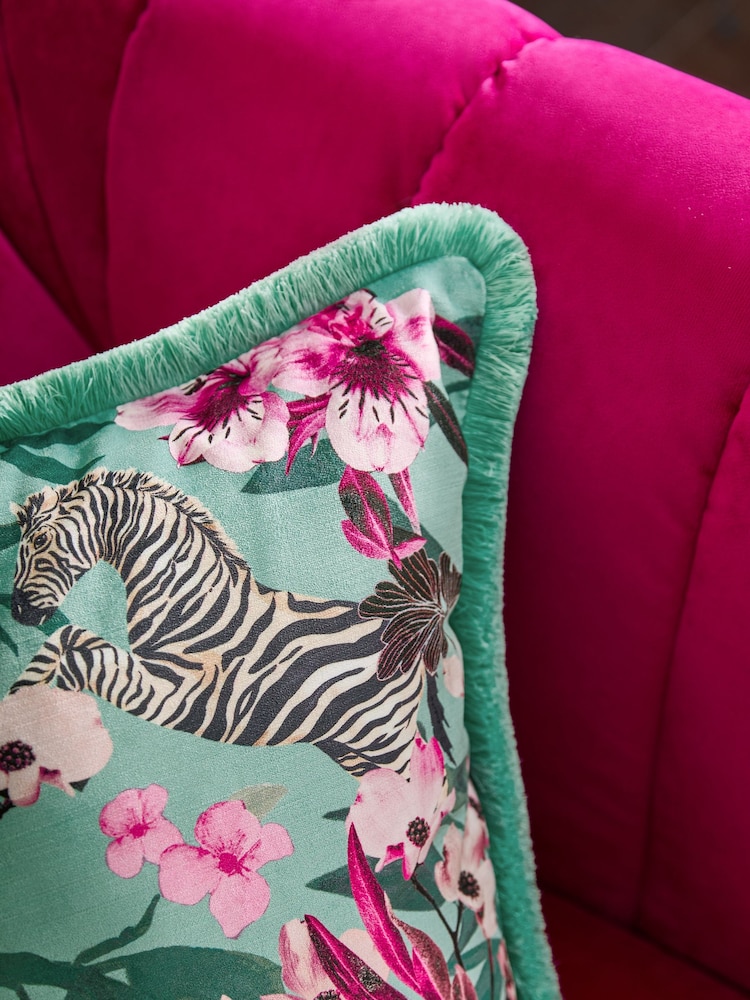 Teal Blue Floral Zebra Velvet Cushion - Image 2 of 5