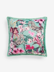 Teal Blue Floral Zebra Velvet Cushion - Image 3 of 5