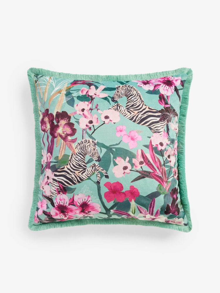 Gebloemd fluwelen kussen met zebraprint - Image 3 of 5