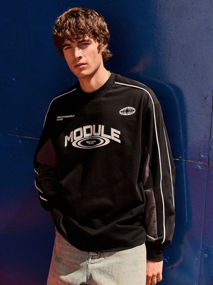 Black EDIT 100% Cotton Graphic Heavyweight Relaxed Fit Long Sleeve T-Shirt - Image 1 of 8