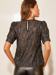 Lipsy Black Petite Printed Short Puff Sleeve Top - Image 2 of 4