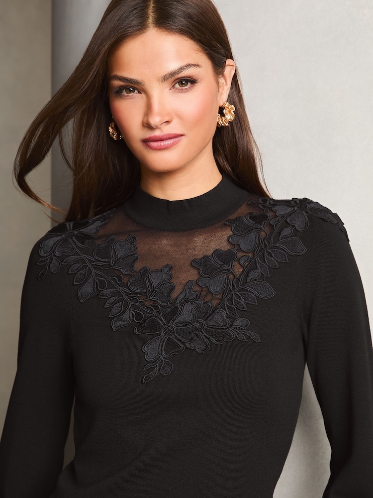 Lipsy Black Applique Mesh Yolk Knitted Jumper - Image 2 of 4 Lipsy Black Applique Mesh Yolk Knitted Jumper - Image 2 of 4