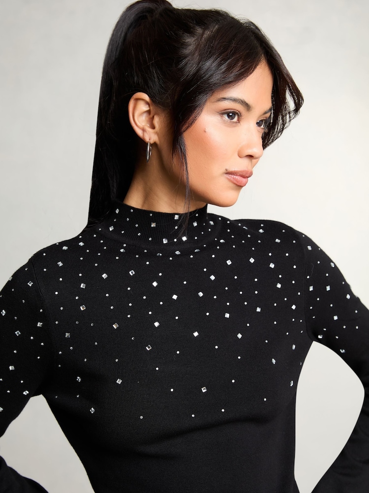 Lipsy Black Hotfix Metallic Knitted Jumper - Image 2 of 4
