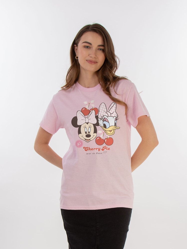 Brands In Pink Women Boyfriend Fit Disney Minnie Mouse Daisy Duck Cherry Pie 100% Cotton T-Shirt - Image 1 of 3