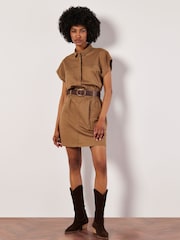 Apricot Brown Mini Smocked Waist Utility Dress - Image 1 of 4