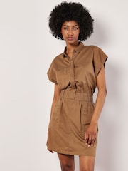 Apricot Brown Mini Smocked Waist Utility Dress - Image 2 of 4