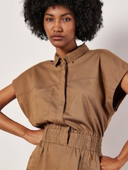 Apricot Brown Mini Smocked Waist Utility Dress - Image 3 of 4