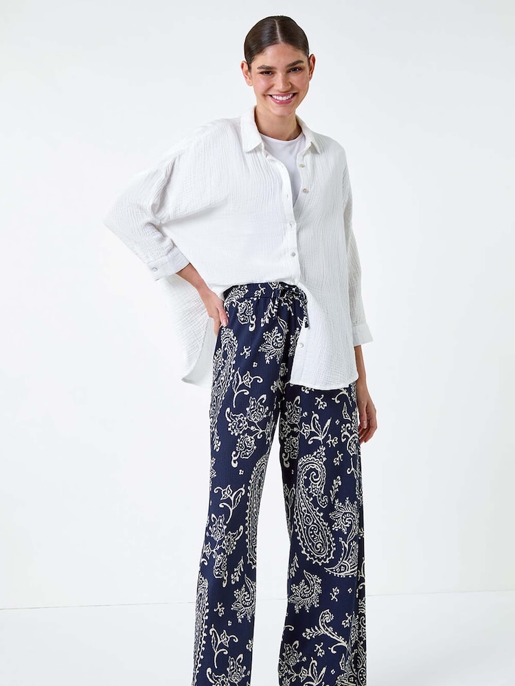 Roman Blue Paisley Print Textured Jersey Trousers - Image 2 of 5 Roman Blue Paisley Print Textured Jersey Trousers - Image 2 of 5