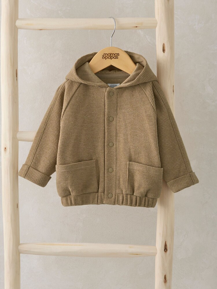 Mamas & Papas Waffle 100% Cotton Bomber Brown Hoodie - Image 1 of 3