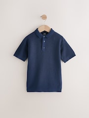 Navy Blue 100% Cotton Textured Short Sleeve Knitted Polo Shirt (3-16yrs) (3-16yrs) - Image 1 of 4