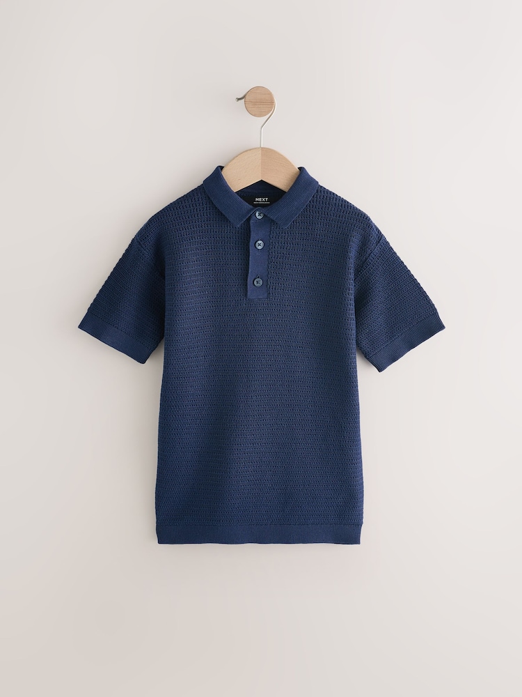 Navy Blue 100% Cotton Textured Short Sleeve Knitted Polo Shirt (3-16yrs) (3-16yrs) - Image 1 of 4