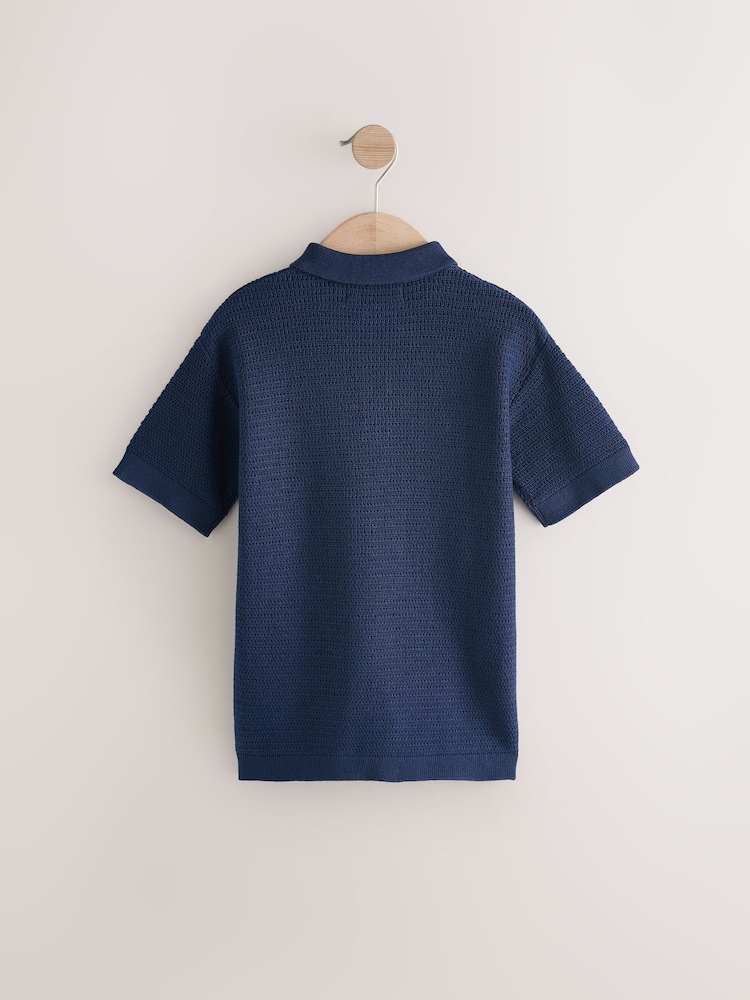 Navy Blue 100% Cotton Textured Short Sleeve Knitted Polo Shirt (3-16yrs) (3-16yrs) - Image 2 of 4