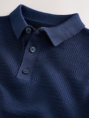 Navy Blue 100% Cotton Textured Short Sleeve Knitted Polo Shirt (3-16yrs) (3-16yrs) - Image 3 of 4