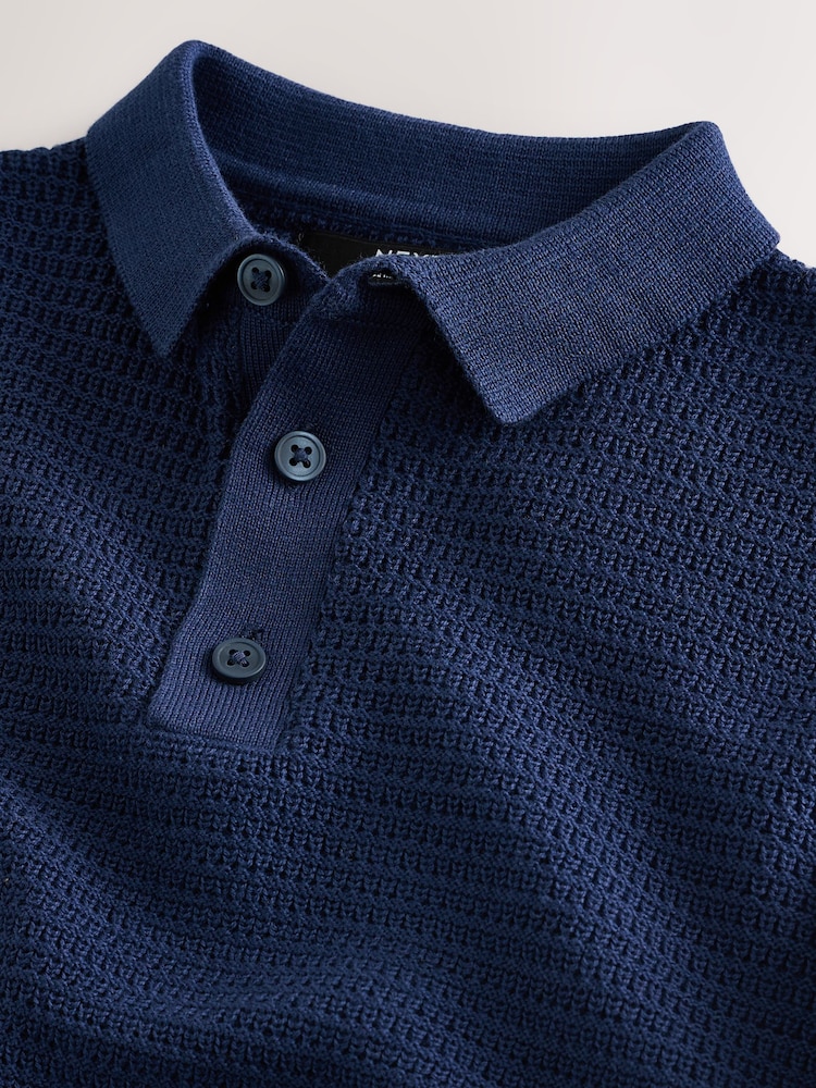 Navy Blue 100% Cotton Textured Short Sleeve Knitted Polo Shirt (3-16yrs) (3-16yrs) - Image 3 of 4