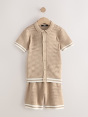 Neutral Textured Knitted Button Through Polo Shirt and Shorts Set (3-16yrs) - Image 1 of 5