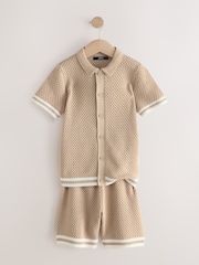 Neutral Textured Knitted Button Through Polo Shirt and Shorts Set (3-16yrs) - Image 2 of 5