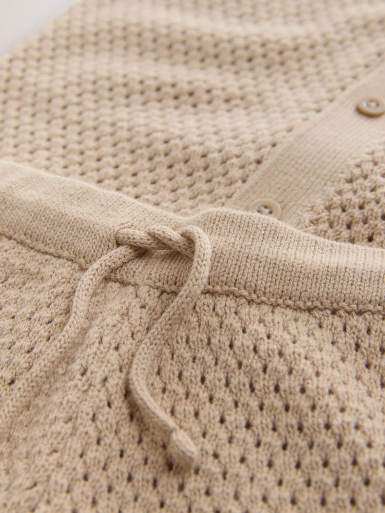Neutral Textured Knitted Button Through Polo Shirt and Shorts Set (3-16yrs) - Image 5 of 5