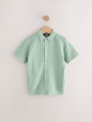 Mineral Green Short Sleeve Knitted Button Through 100% Cotton Polo Shirt (3-16yrs) - Image 1 of 4