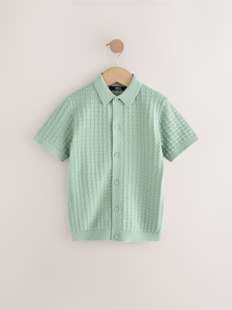 Mineral Green Short Sleeve Knitted Button Through 100% Cotton Polo Shirt (3-16yrs) - Image 1 of 4