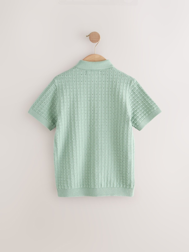 Mineral Green Short Sleeve Knitted Button Through 100% Cotton Polo Shirt (3-16yrs) - Image 2 of 4