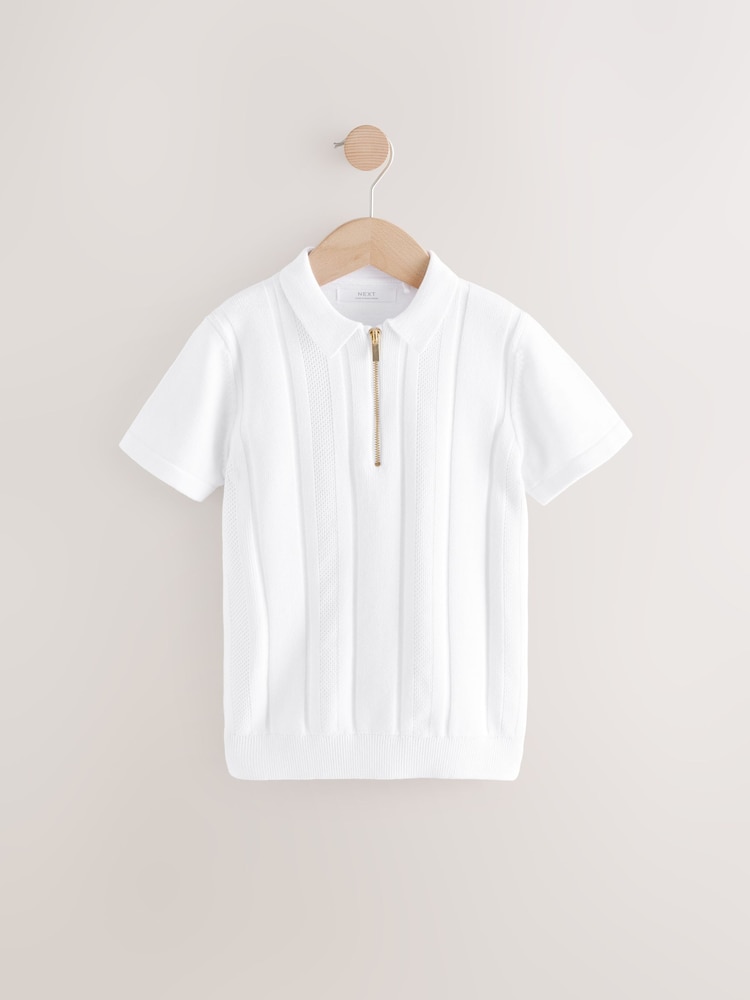 White 100% Cotton Knitted Zip Neck Polo Shirt (3-16yrs) - Image 1 of 4 White 100% Cotton Knitted Zip Neck Polo Shirt (3-16yrs) - Image 1 of 4