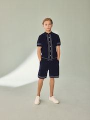 Navy Blue Textured Knitted Button Through Polo Shirt and Shorts Set (3-16yrs) - Image 1 of 8