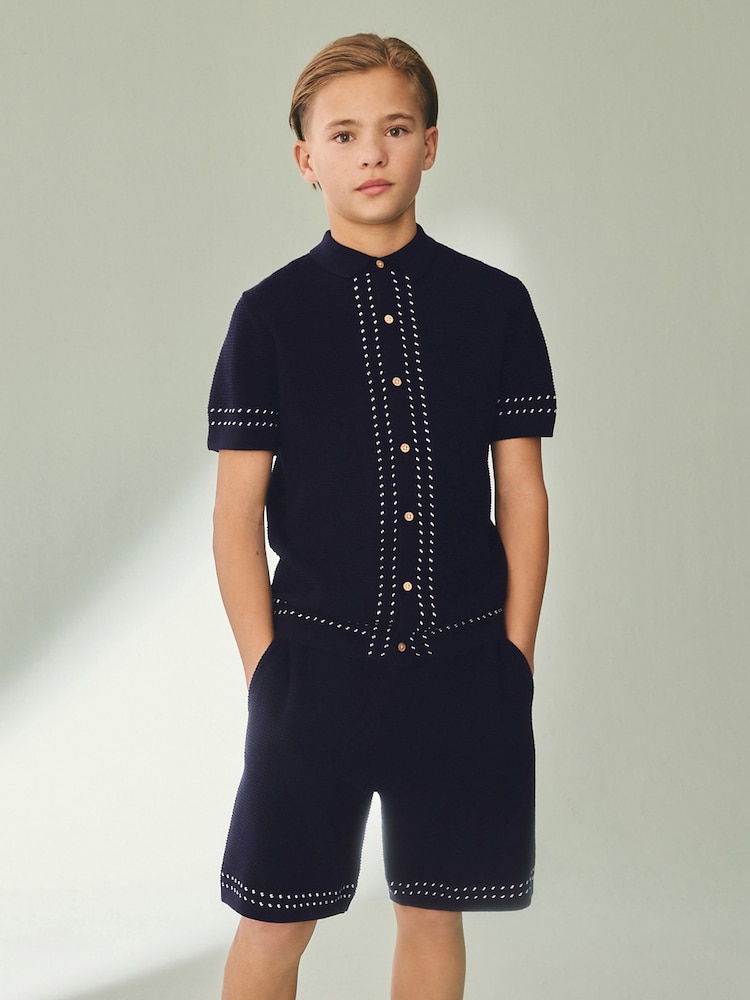 Navy Blue Textured Knitted Button Through Polo Shirt and Shorts Set (3-16yrs) - Image 1 of 8
