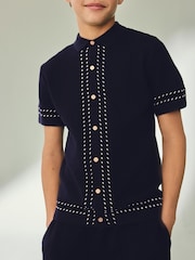 Navy Blue Textured Knitted Button Through Polo Shirt and Shorts Set (3-16yrs) - Image 2 of 8