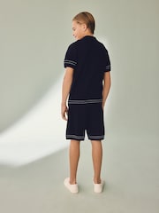 Navy Blue Textured Knitted Button Through Polo Shirt and Shorts Set (3-16yrs) - Image 3 of 8