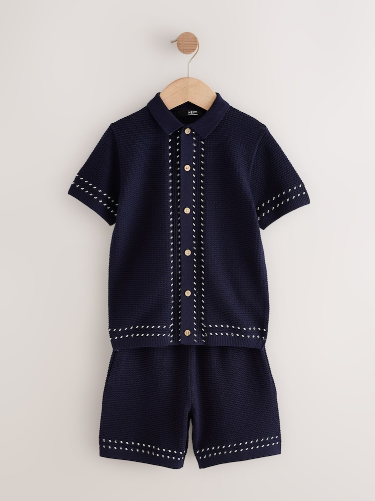 Navy Blue Textured Knitted Button Through Polo Shirt and Shorts Set (3-16yrs) - Image 4 of 8