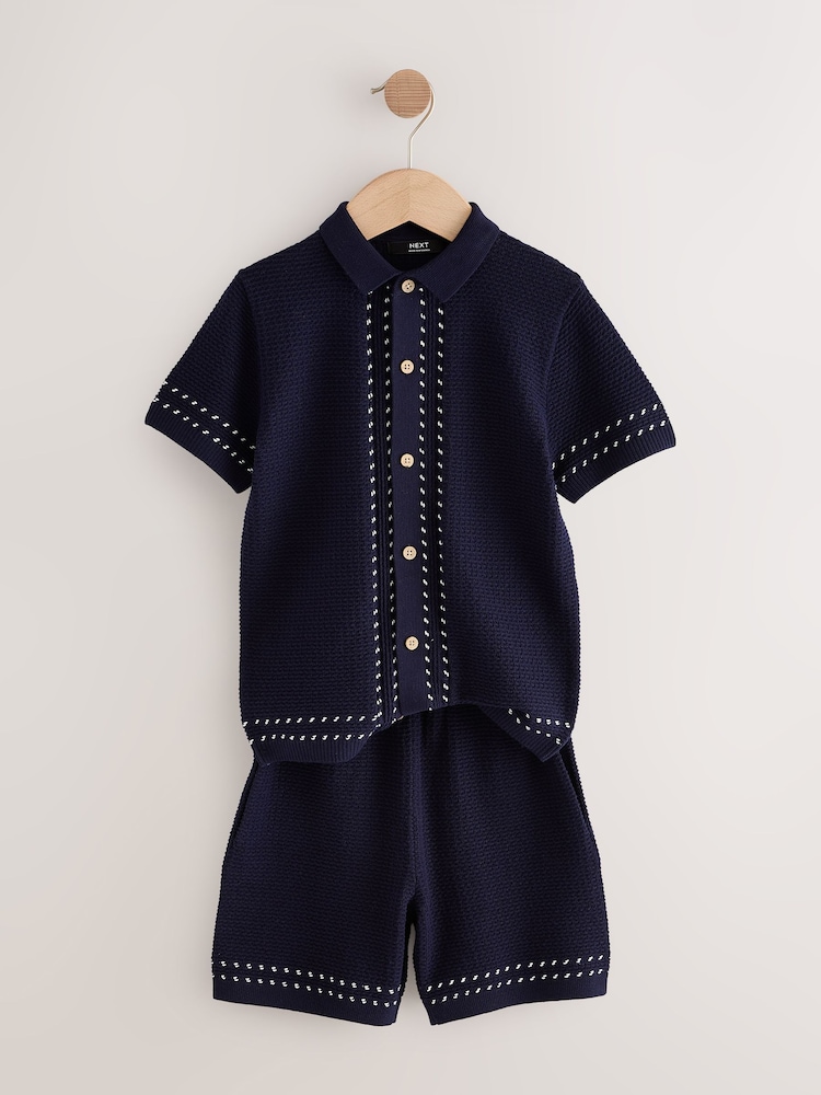 Navy Blue Textured Knitted Button Through Polo Shirt and Shorts Set (3-16yrs) - Image 5 of 8