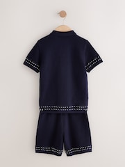 Navy Blue Textured Knitted Button Through Polo Shirt and Shorts Set (3-16yrs) - Image 6 of 8