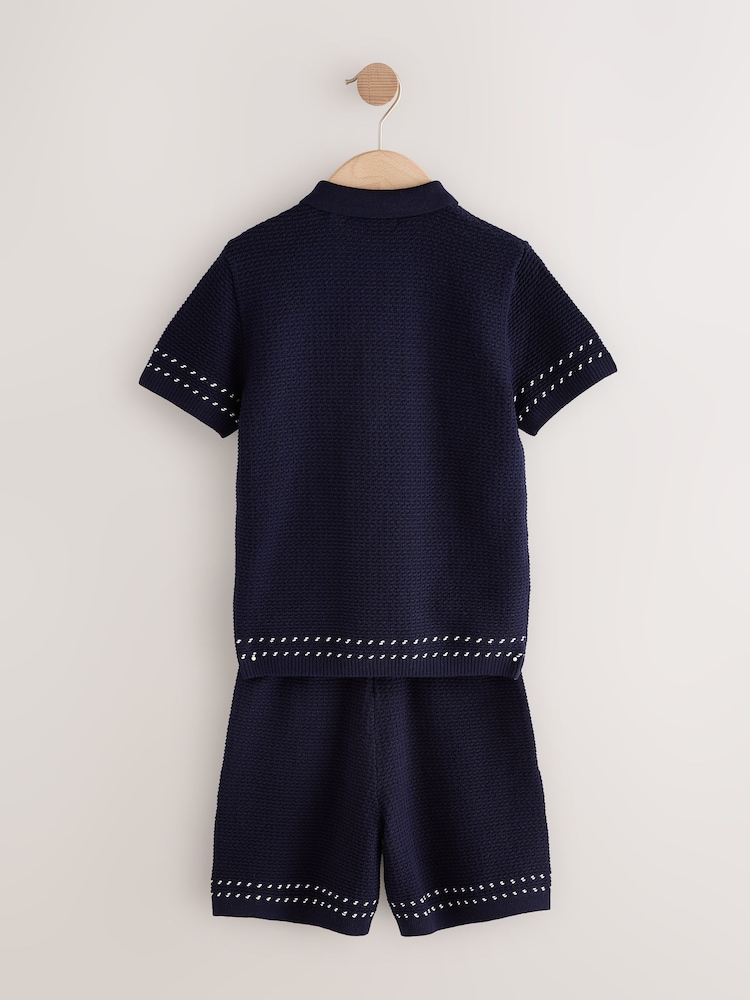 Navy Blue Textured Knitted Button Through Polo Shirt and Shorts Set (3-16yrs) - Image 6 of 8