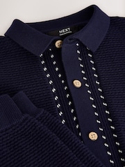 Navy Blue Textured Knitted Button Through Polo Shirt and Shorts Set (3-16yrs) - Image 8 of 8
