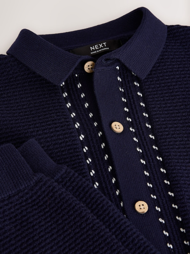 Navy Blue Textured Knitted Button Through Polo Shirt and Shorts Set (3-16yrs) - Image 8 of 8