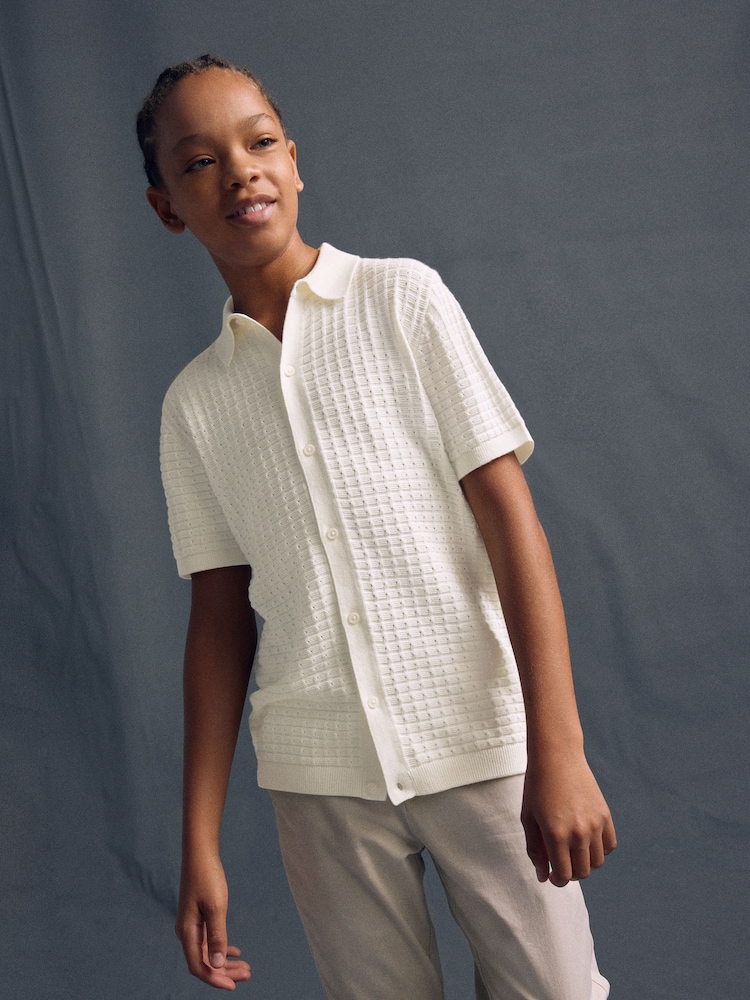 Ecru White Short Sleeve Knitted Button Through 100% Cotton Polo Shirt (3-16yrs) - Image 1 of 7