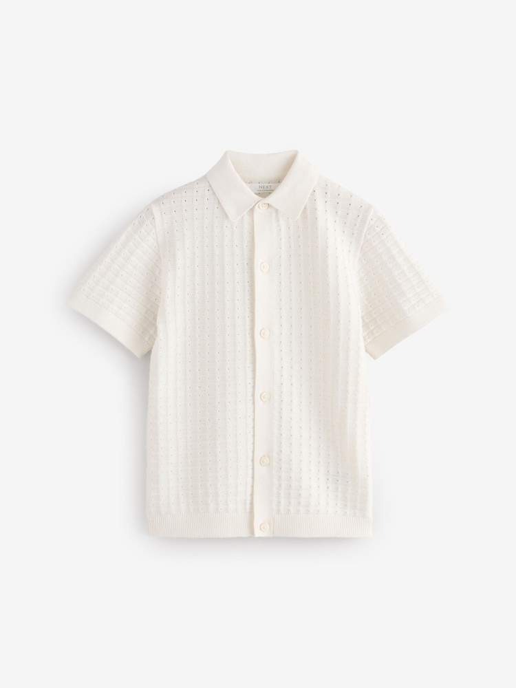 Ecru White Short Sleeve Knitted Button Through 100% Cotton Polo Shirt (3-16yrs) - Image 4 of 7