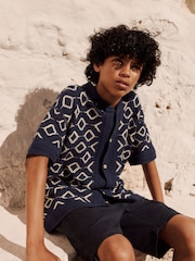 Navy Blue Crochet Short Sleeve Button Through Knitted Polo Shirt (3-14yrs) - Image 1 of 8